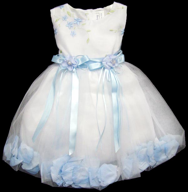 Girls Embroidered Dress With Silk Petals - Baby Blue (9-24Mos)