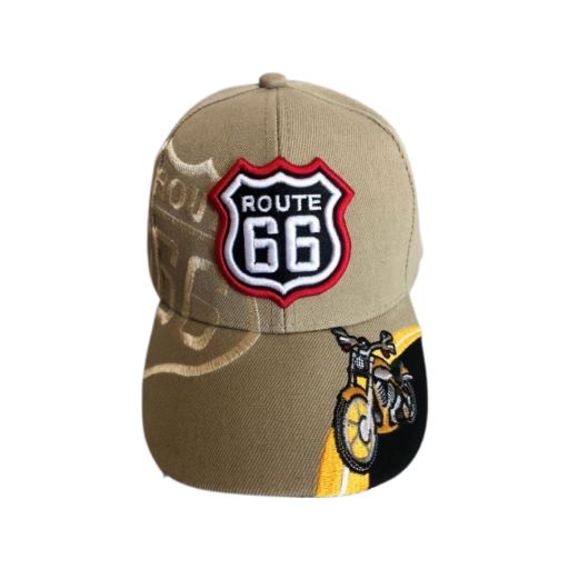 Route 66 Motorcyle Embroidered Baseball CAPS - Khaki Color