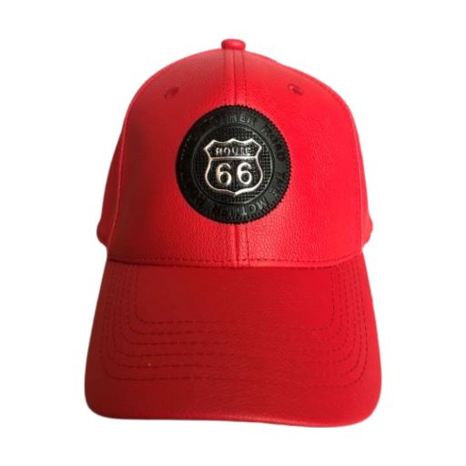 Faux LEATHER  Route 66 Baseball Caps With Metal Logo - Red Color
