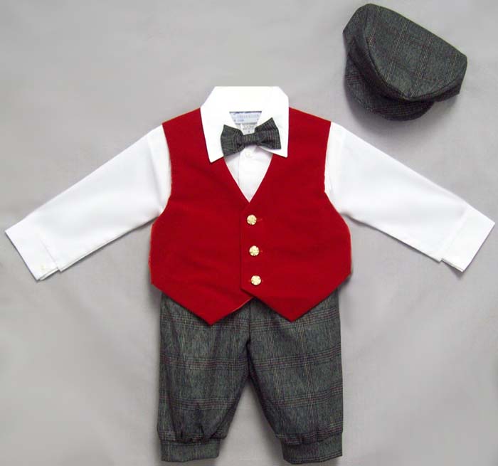 Holiday Style Boys Knicker Set With Velvet VEST - Red (Sizes:1-4)