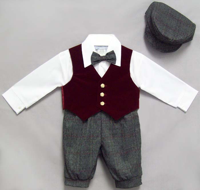 Holiday Style Boys Knicker Set With Velvet VEST - Burgundy (1-4)