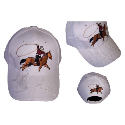 Rodeo Embroidered White BASEBALL Caps - Cow Boy With Lasso
