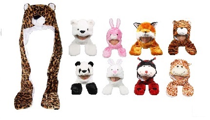 Plush Animal HATs With Finger Warmers - 8 Assorted Styles Pack
