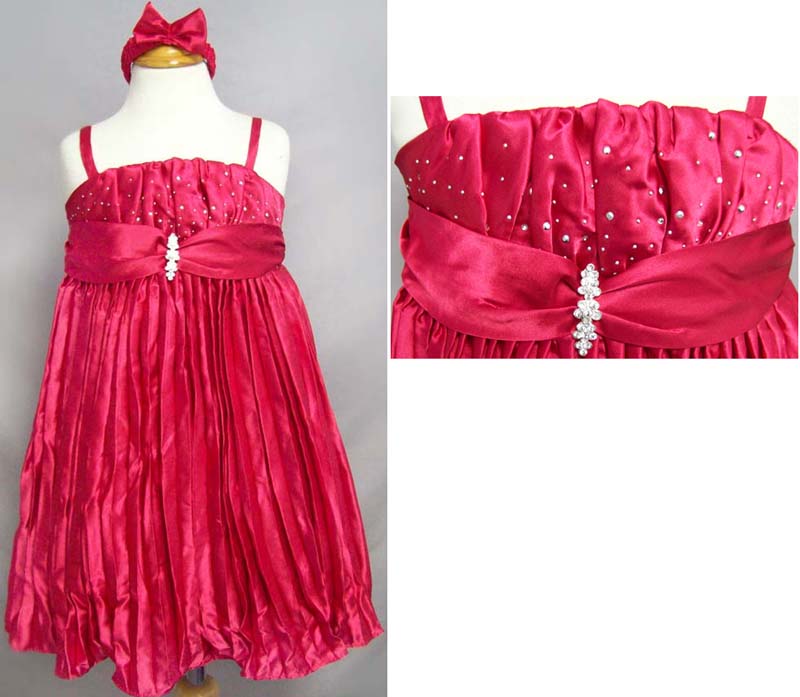 Girls Jewelled Pleated Dress With HEADBAND - Red