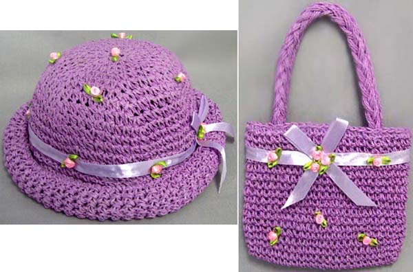 Girls 2Pc Crocheted Hat & PURSE Set - Lavender Color