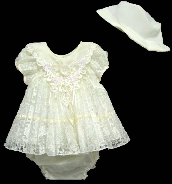 Girls 3Pc Fancy Lace Dress - Sizes: 9 - 24 Mos - Ivory Color