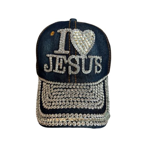 I Love Jesus Rhinestones & Jeweled Blue DENIM Baseball Cap