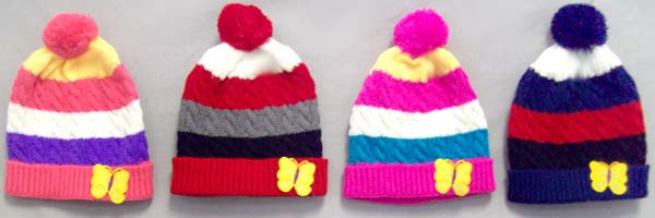 Kids  Beanie - Winter CAPS  With Butterfly Appliques & Pom Pom