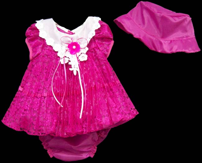 Girls 3Pc Fancy Lace DRESS - Sizes: 9 - 24 Mos - Fuchsia