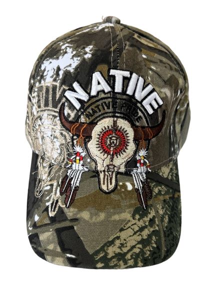 Bull Head & Feathers Native Pride CAP  With Shadow Embroidery