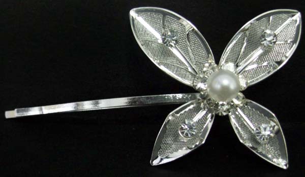 Hair Accessories - Hair Clip  Silver FLOWER With  Rhinestones