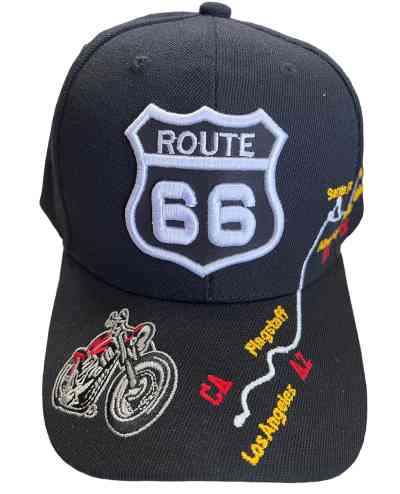 ROUTE 66 Hwy Map With Motorcycle Baseball Cap - Black