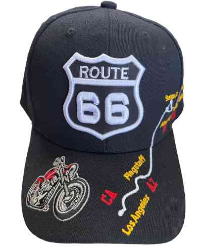 Route 66 Hwy Map With MOTORCYCLE Baseball Cap - Black