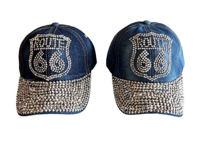 Route 66 Rhinestones Blue DENIM Baseball Caps