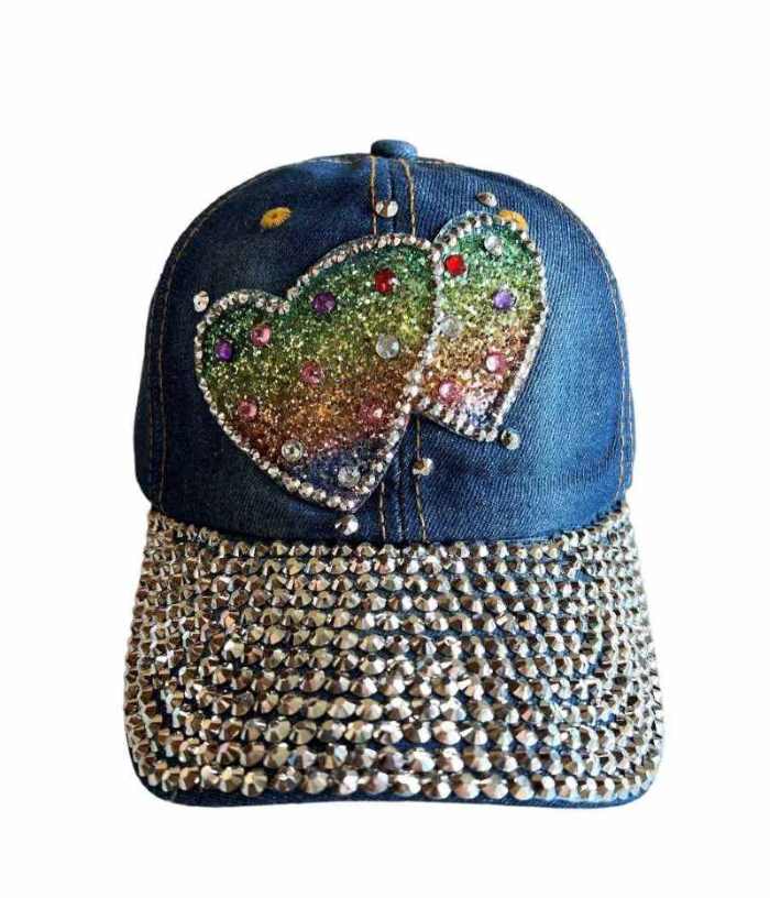 Two Hearts Rhinestones Blue Denim BASEBALL Cap