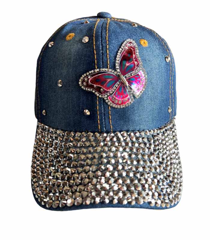 Butterfly Rhinestones Blue Denim Baseball CAP