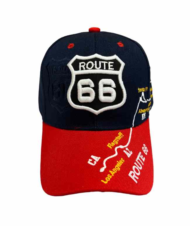 ROUTE 66 Hwy Map Baseball Cap 2 Color Tone  Navy & Red Colors