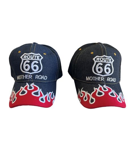 Flames ROUTE 66 Blue Denim Baseball Caps Embroidered