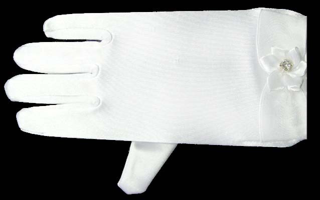 Girls Designer Style White Satin GLOVES With Rhinestones (13-16)