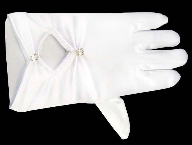 Girls Designer Style White Satin GLOVES - 2 Rhinestones (13-16)