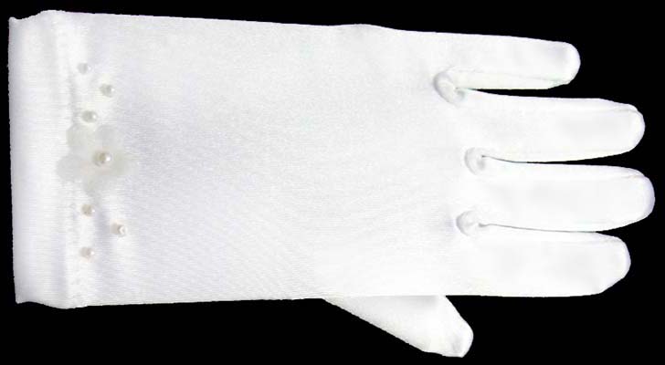 Girls Designer Style White Satin GLOVES With Pearls (Size: 13-16)