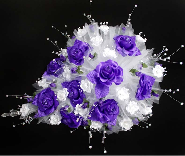 Large Bridal Quinceanera Sweet 15 Silk FLOWER Bouquet - Purple Wh