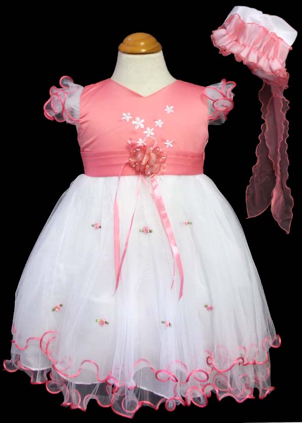 Girls Embroidered Pageant Dress With  HAT - Coral Color