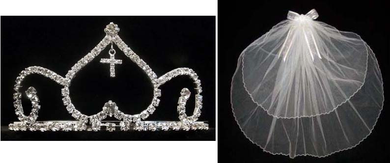 White Communion Veil With RhINestones Cross ( # CN006C)