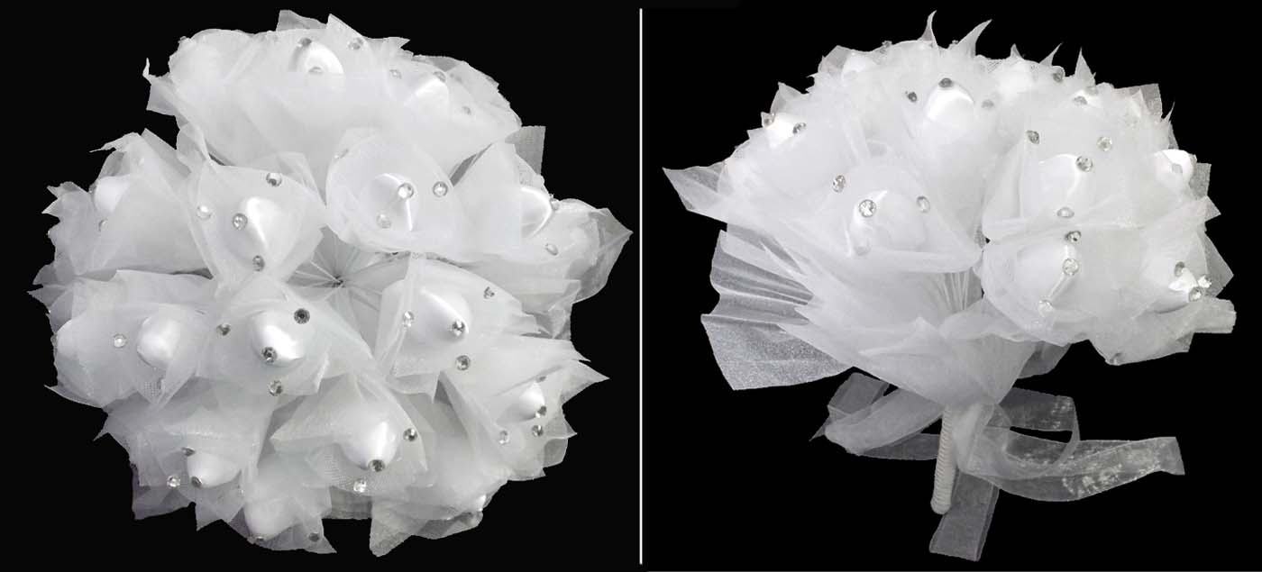 White Silk FLOWER Bridal - Quinceanera Bouquet  With Rhinestones