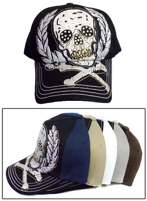 ''Skull'' Silver Imprinted CAP With Rhinestones