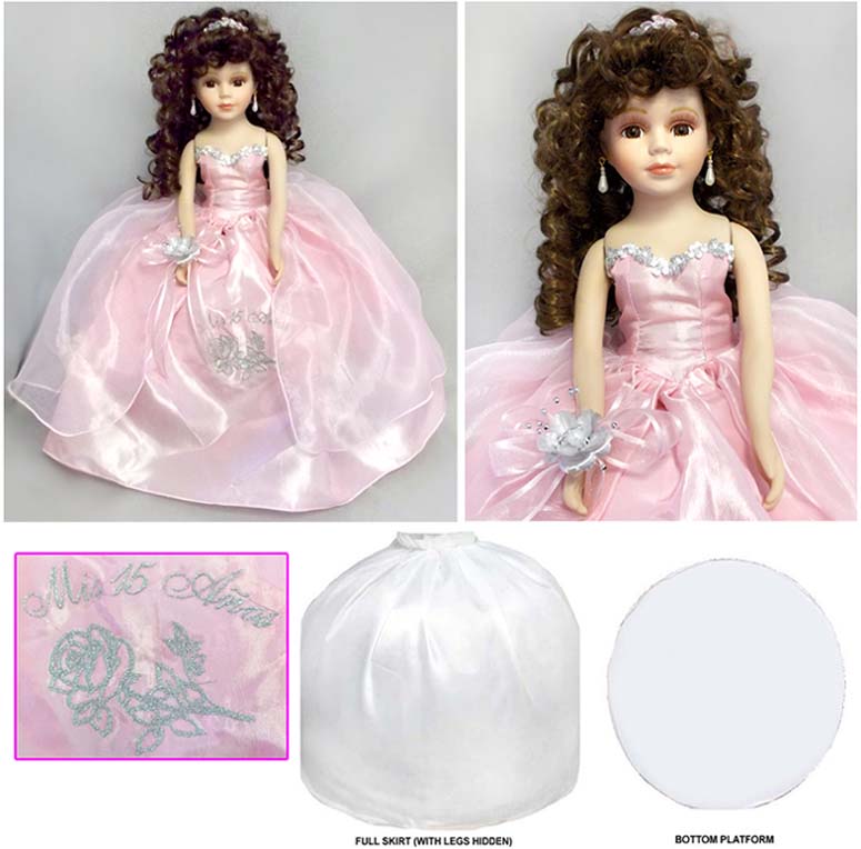 Quinceanera  Porcelain DOLL - Height: 16'' - Pink