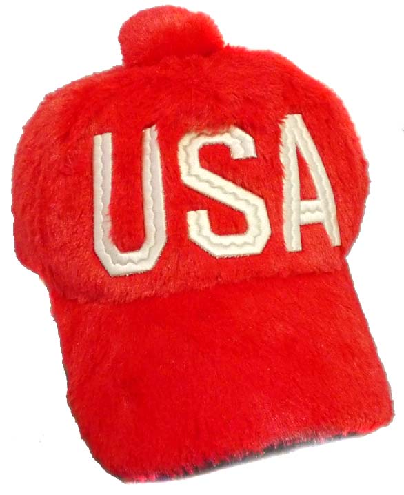 USA  Plush Embroidered Caps/HATS With Pom Pom - Red