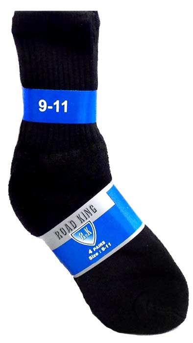 ''Road King'' Adult Black Cotton Sports SOCKS. Size: 9-11