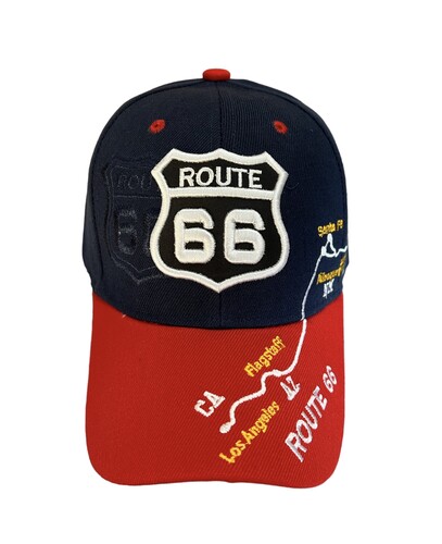 ROUTE 66 Hwy Map Baseball Cap - Navy & Red Colors