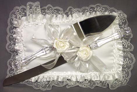 Bridal  Embellished  3Pc Knife  & Pillow Sets  - White Satin