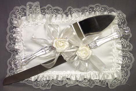 Bridal  Embellished  3Pc Knife  & PILLOW Sets  - White Satin