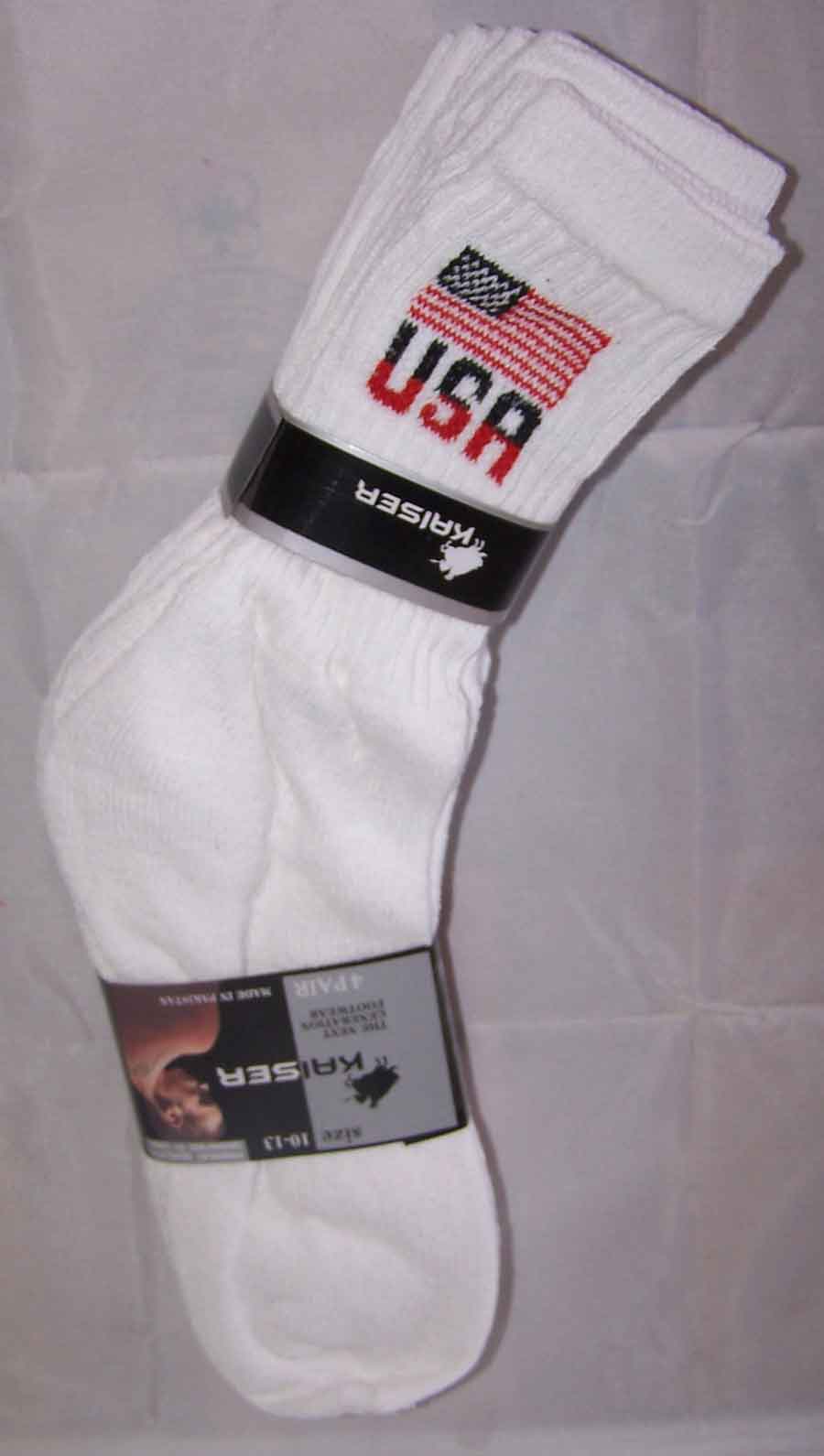 ''USA''  Mens White Cotton Sports SOCKS With US Flag -  Size: 10-13