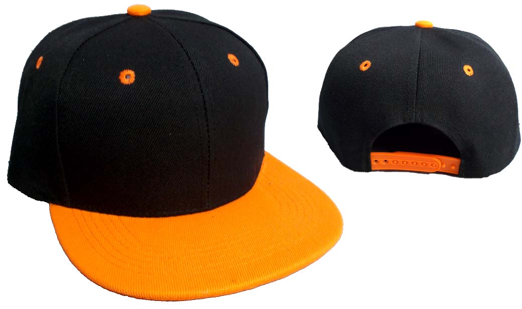 Snap Back Flat Brim BASEBALL Cap - Black & Neon Orange Combo