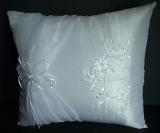 ''Our WEDDING'' White Embroidered Pillows With Flower