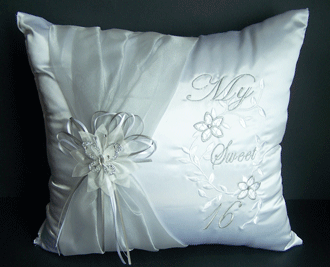 'My Sweet 16''  Embroidered White Pillows With Butterfly Grey Sash