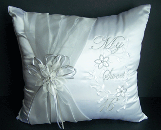 'My Sweet 16''  Embroidered White PILLOWs With Butterfly Grey Sash