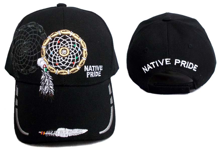 Native Pride Black Embroidered Caps DREAM CATCHER & Feather