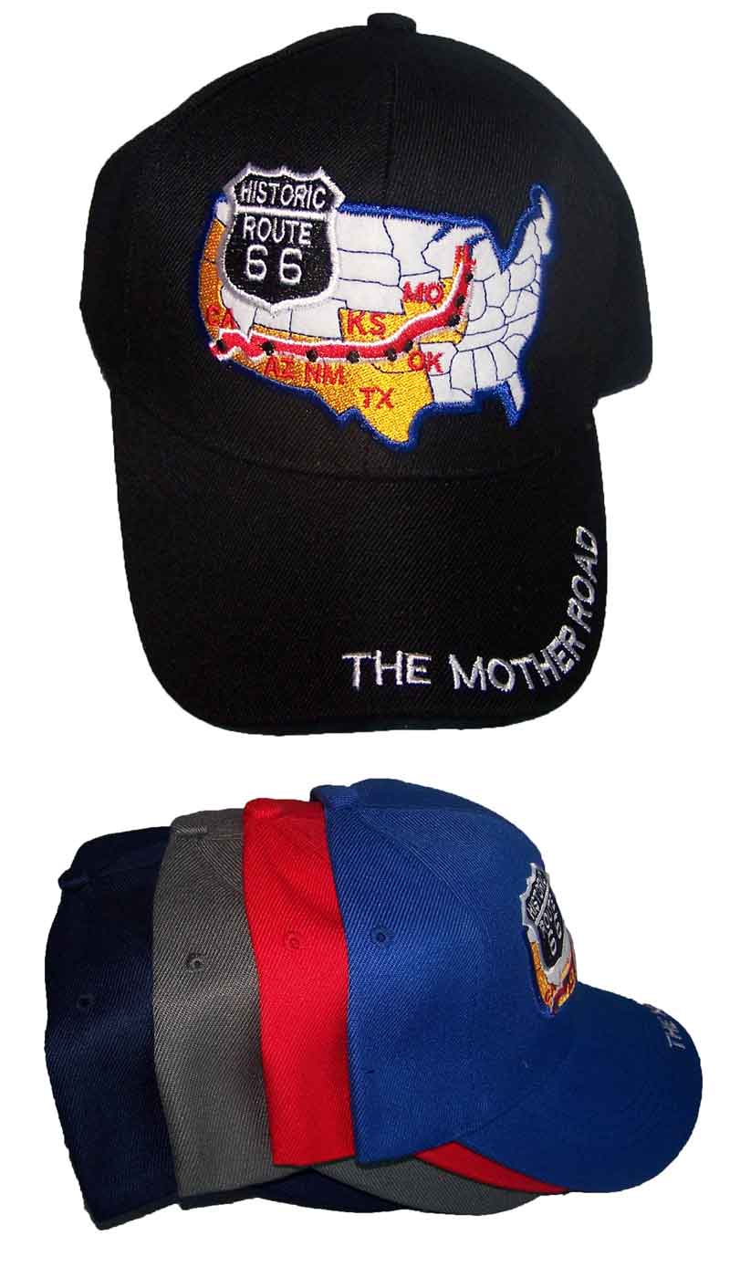 Route 66 US Map Embroidered BASEBALL CAPs - USA Map