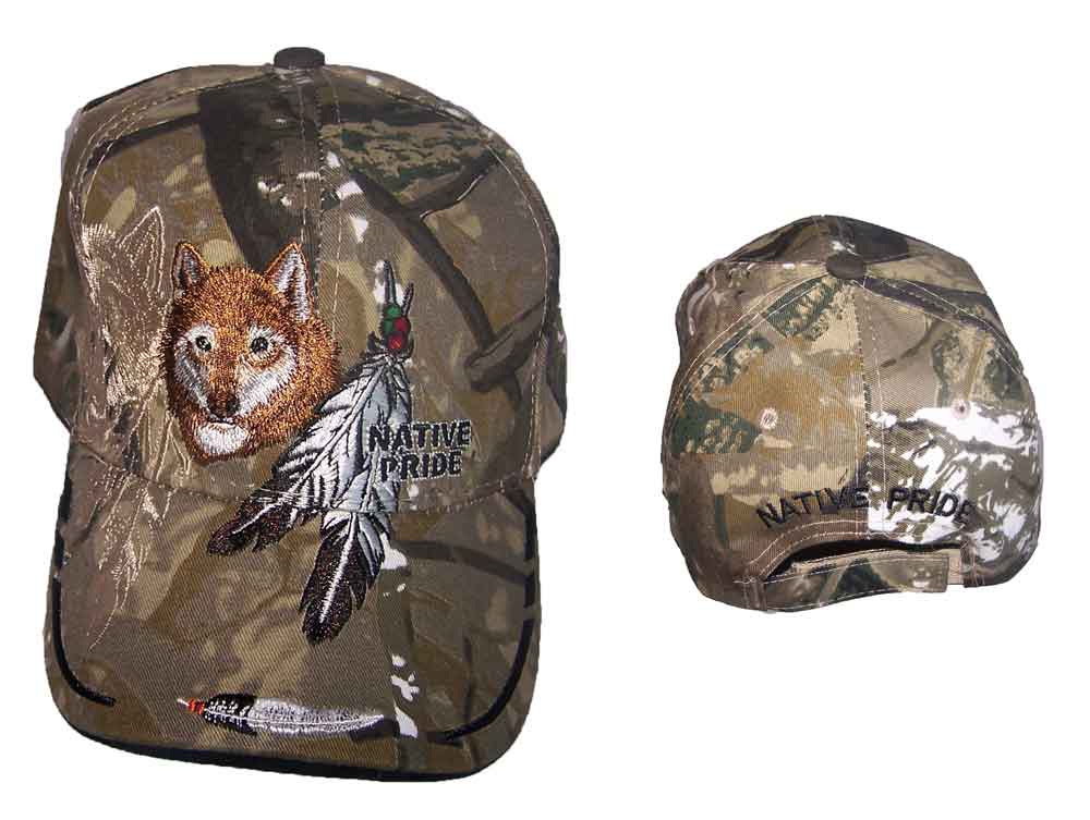 Wolf & Feathers  Native Pride Embroidered BASEBALL Caps - Camo