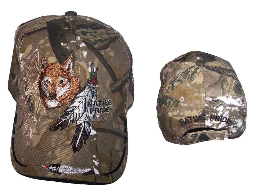 Wolf & Feathers  Native Pride Embroidered Baseball CAPS - Camo