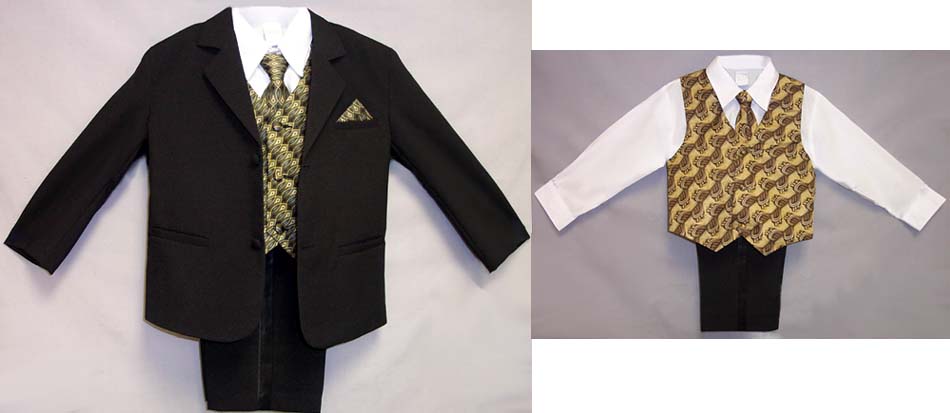 5Pc Boys Black  Suit With Printed VEST & Neck-Tie ( 16-20)