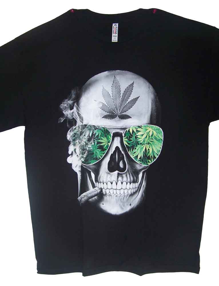 Marijuana Weed US Screen PrintedT Shirt- Skull w/ Blunt & GLASSES