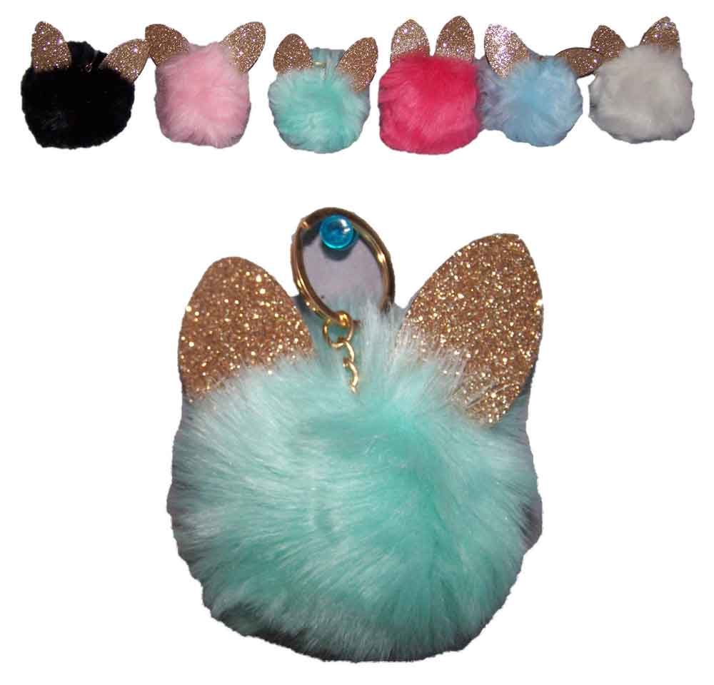 Pompom Faux Fur w/ Ears Cat Bunny Key Chains Key RINGS