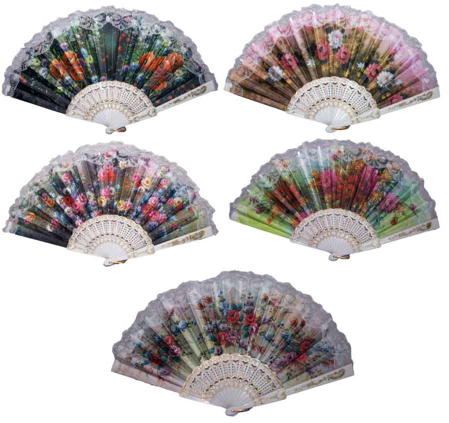 Folding Hand FANs - Floral Prints w/ Lace