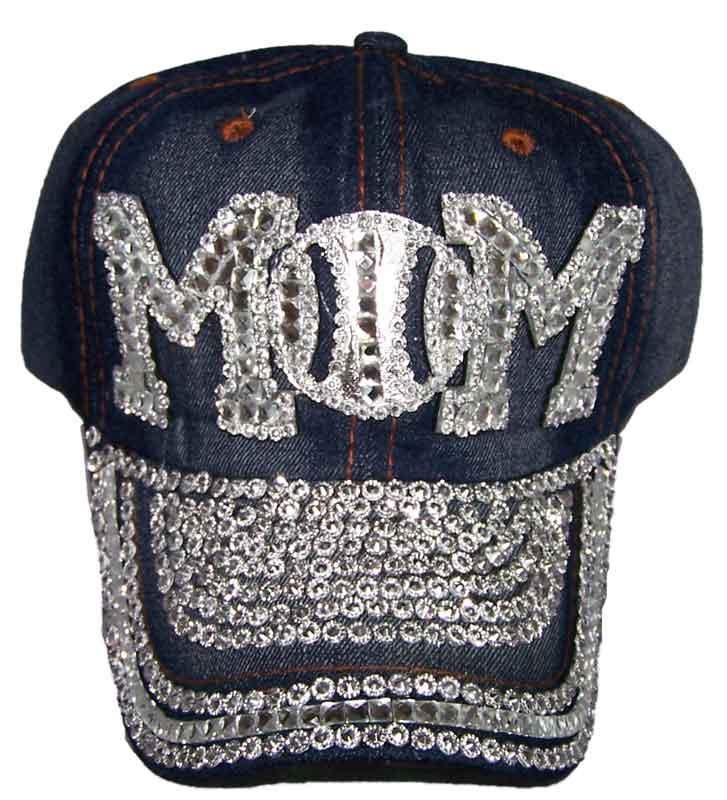 MOM Blue DENIM  Baseball Caps Hats w/ Rhinestones